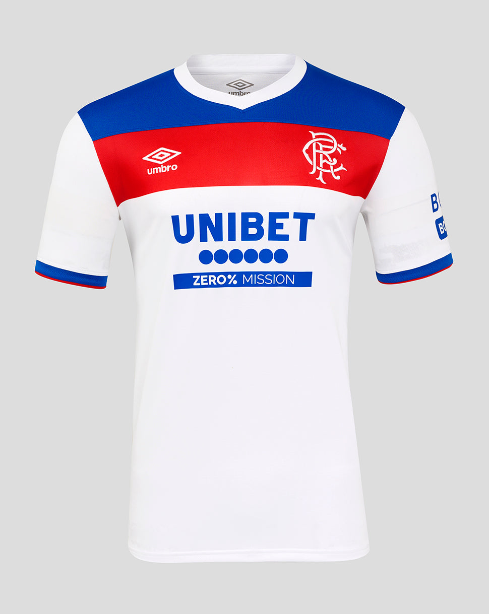 Rangers away shirt front view with white body blue shoulders red chest band and UNIBET sponsor