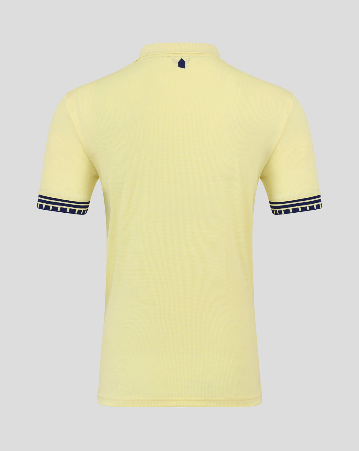 Junior Everton 25/26 away short sleeve shirt in pale yellow viewed from the back with a small navy shield at the neckline and Castore branding inside the collar.