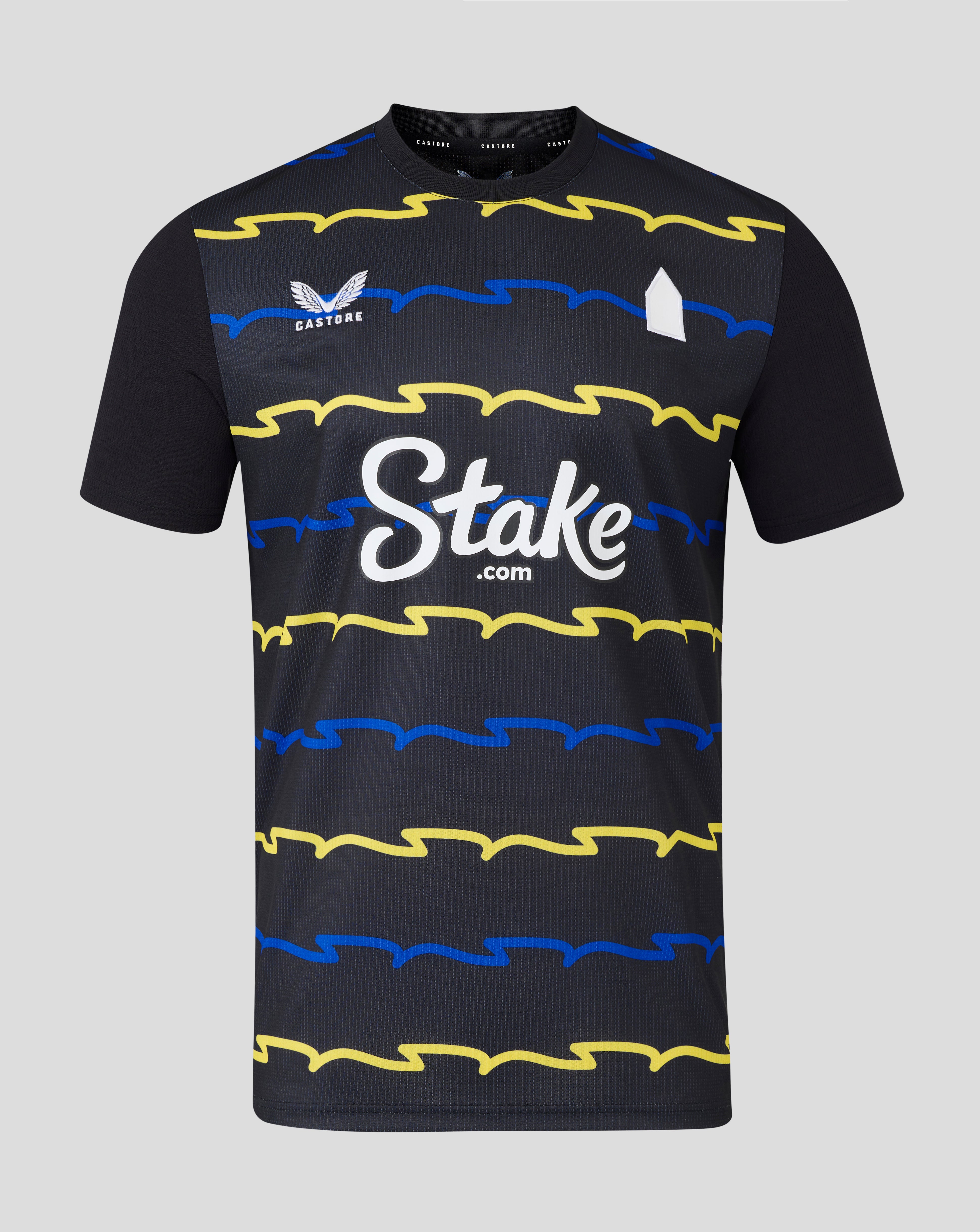 Everton 25/26 men's third shirt in dark navy with yellow and blue wavy stripes and Stake sponsor