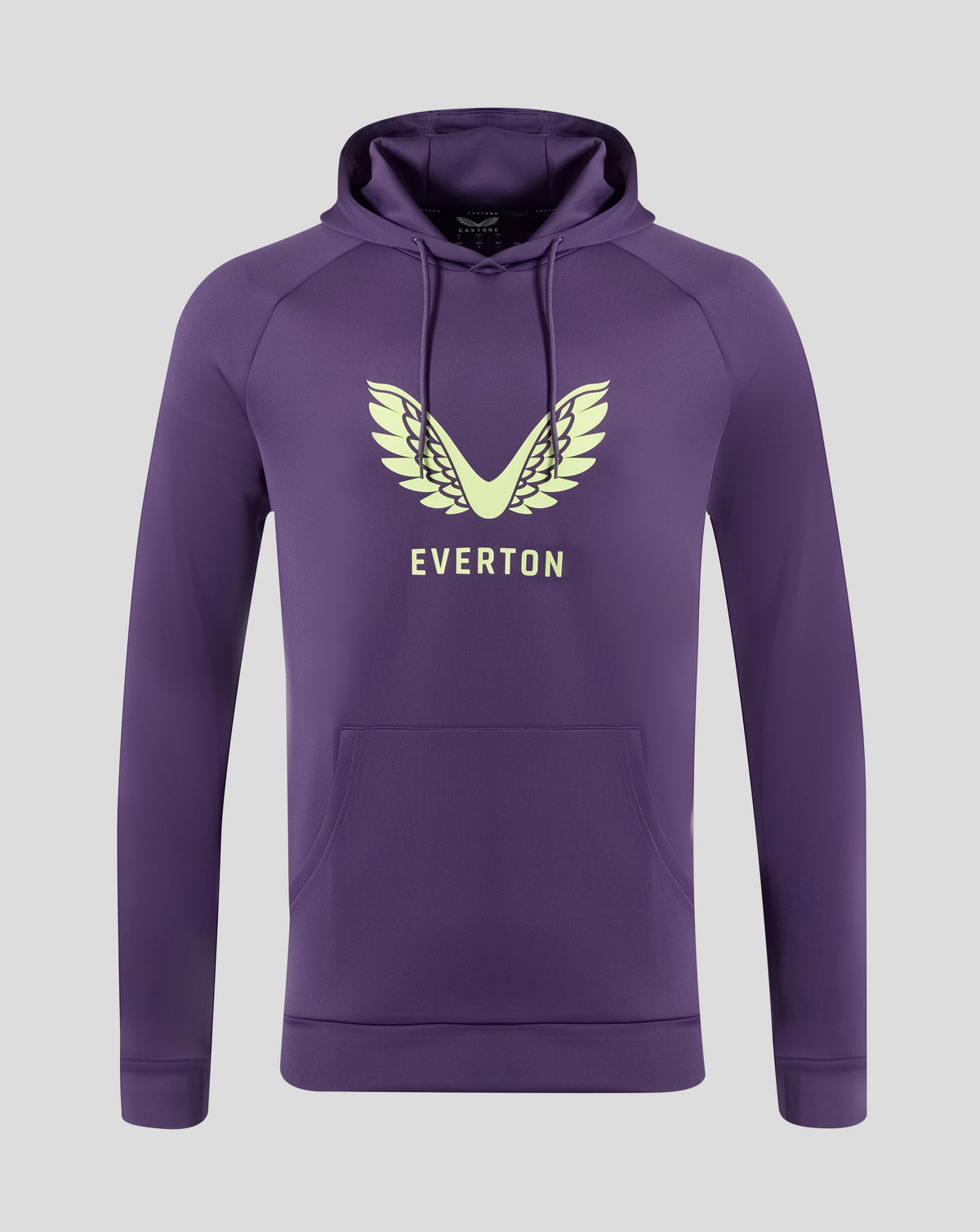 Purple Loganberry Everton hoodie with pale yellow wing emblem and EVERTON lettering on the chest