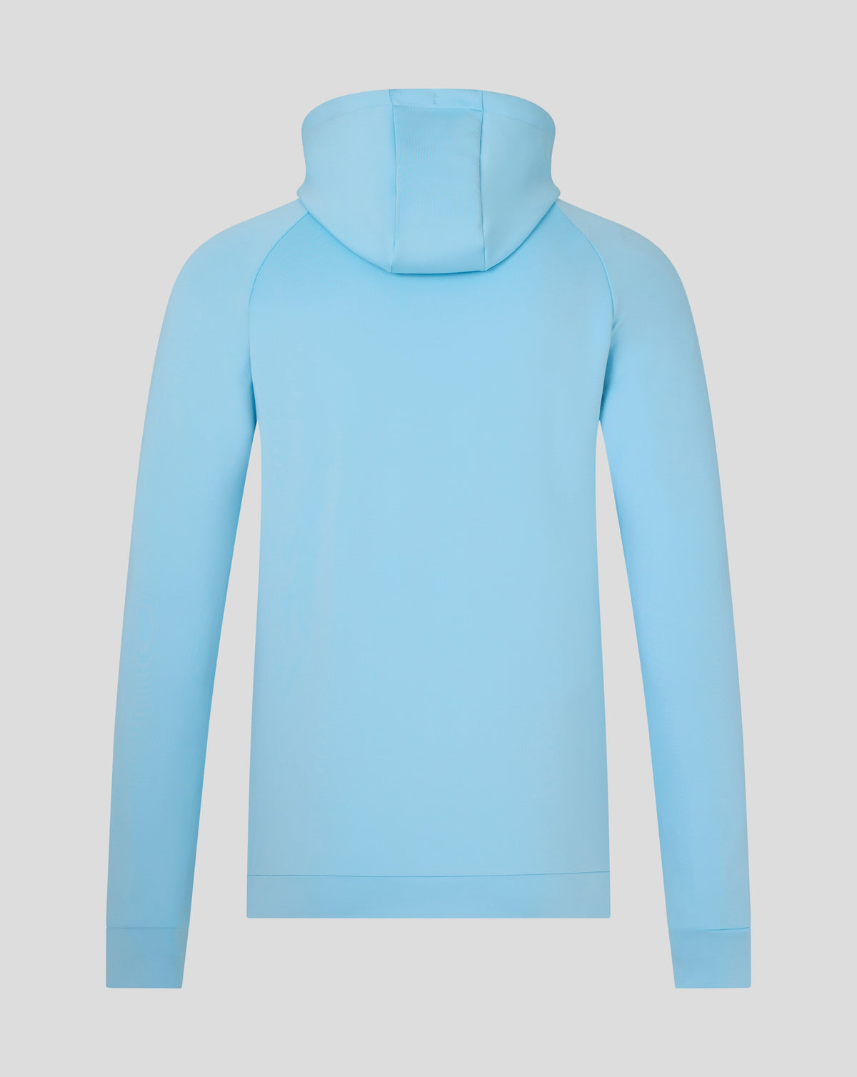 Back view of light blue Harlequins presentation scuba hoodie with hood up