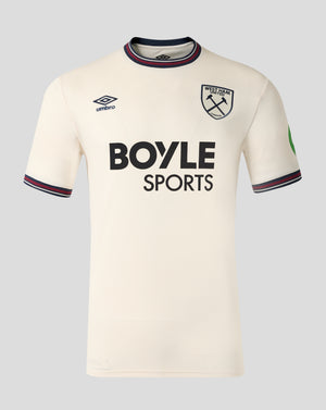 Cream West Ham away short sleeve shirt with crest and Umbro logo and navy red striped collar
