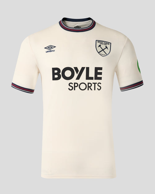 Cream West Ham away short sleeve shirt with crest and Umbro logo and navy red striped collar