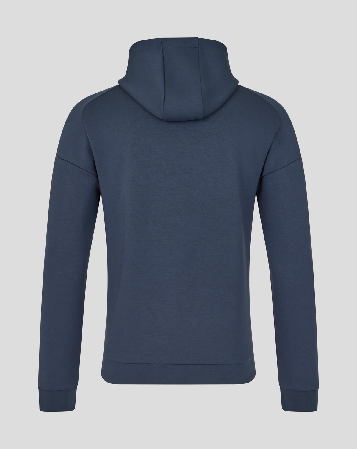 Back view of navy Inkwell hoodie with hood up and clean lines.