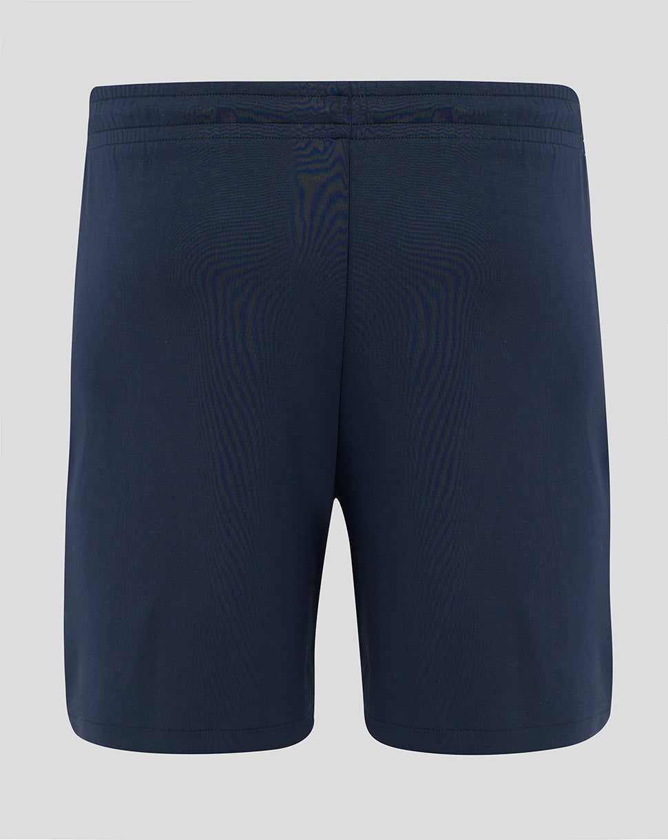 Back view of navy England Rugby travel knit shorts with an elastic waistband