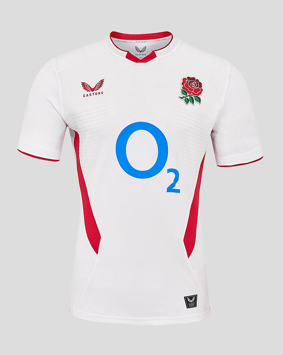 White England Rugby Home Pro Short Sleeve Shirt with rose crest on right chest, Castore logo on left chest, and large O2 front sponsor.