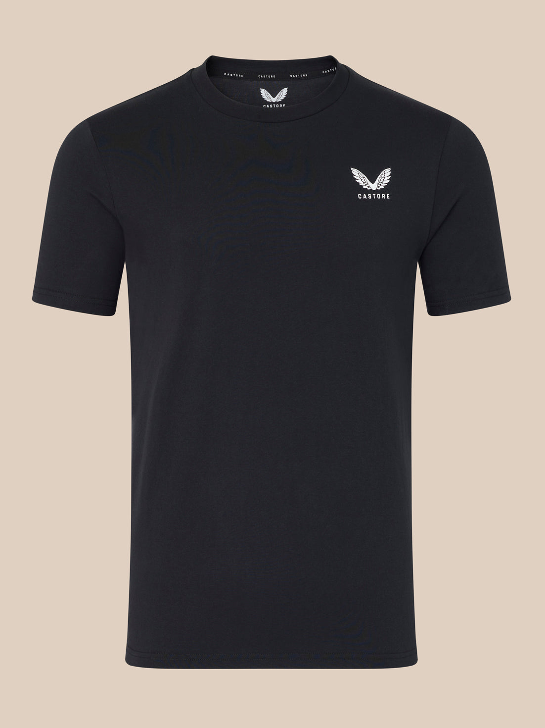 Black t-shirt with a logo on a beige background