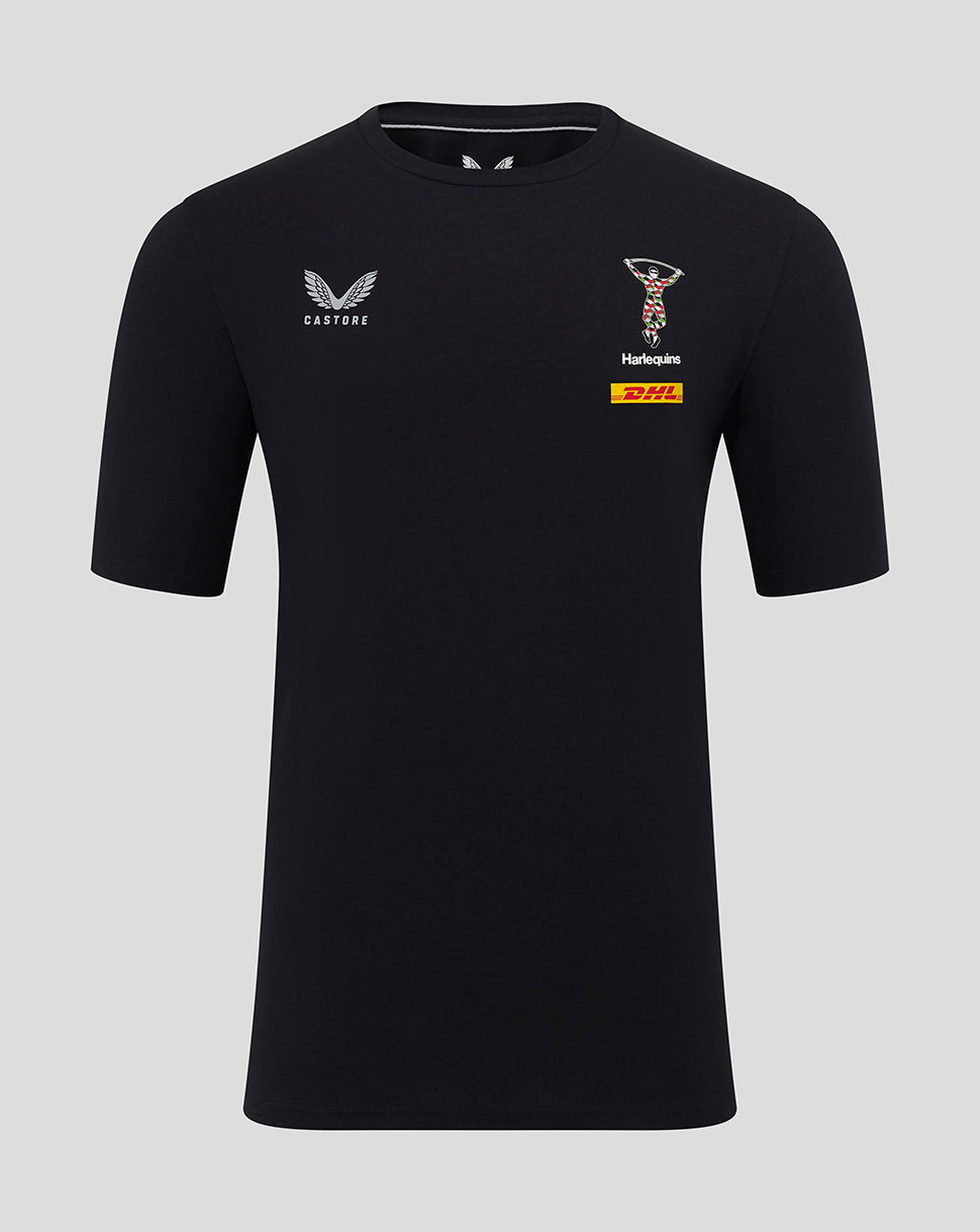 Front view of black Harlequins travel tee with crest and DHL sponsor logo.