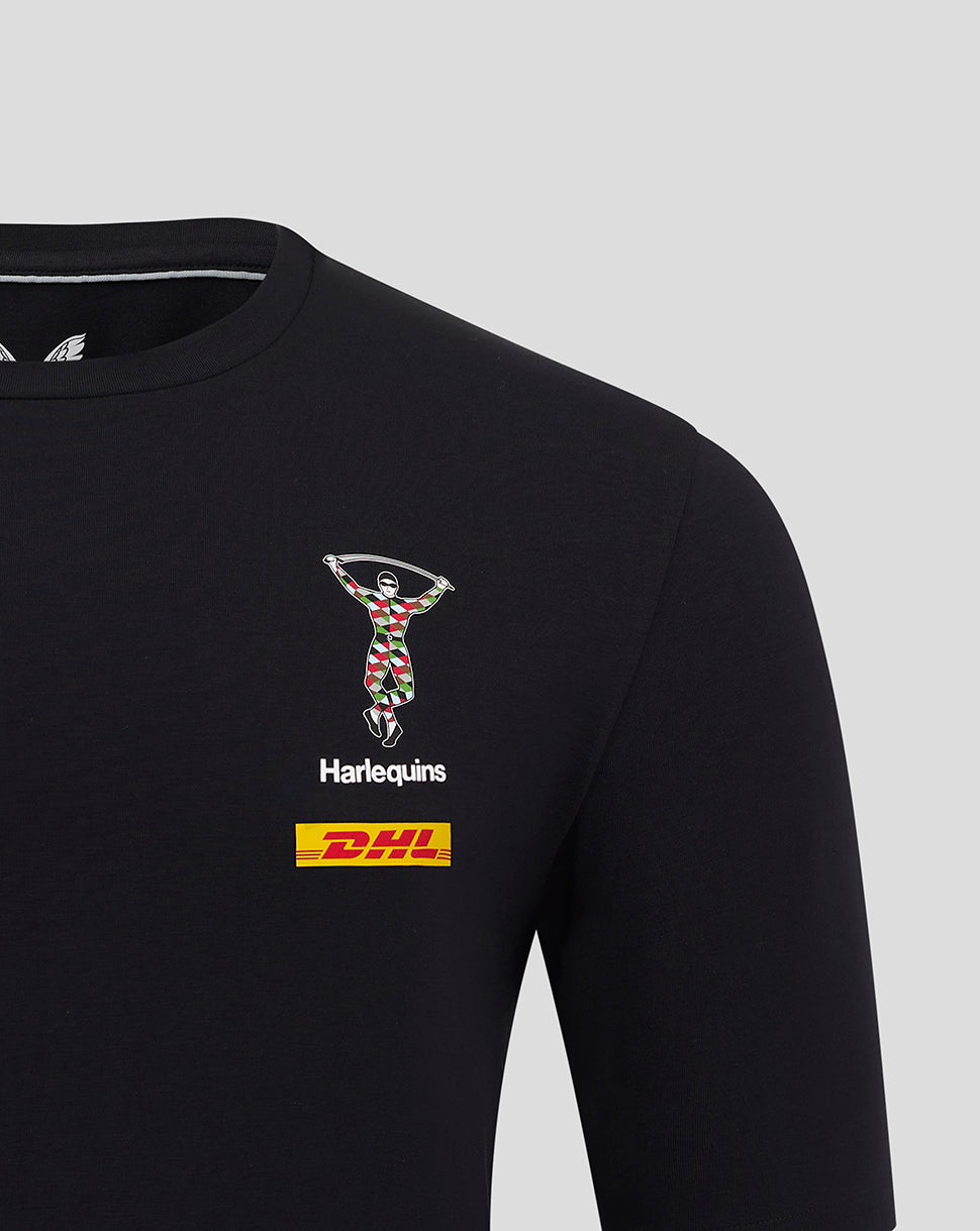Front view of black Harlequins travel tee with club crest and DHL sponsor