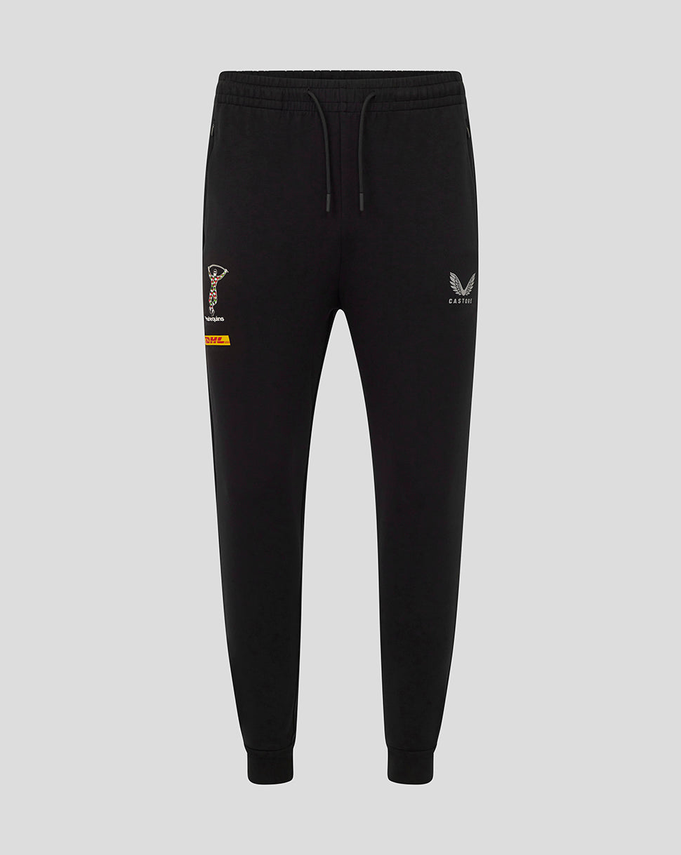 Black Harlequins travel pants front view with crest on the thigh and DHL sponsor logo