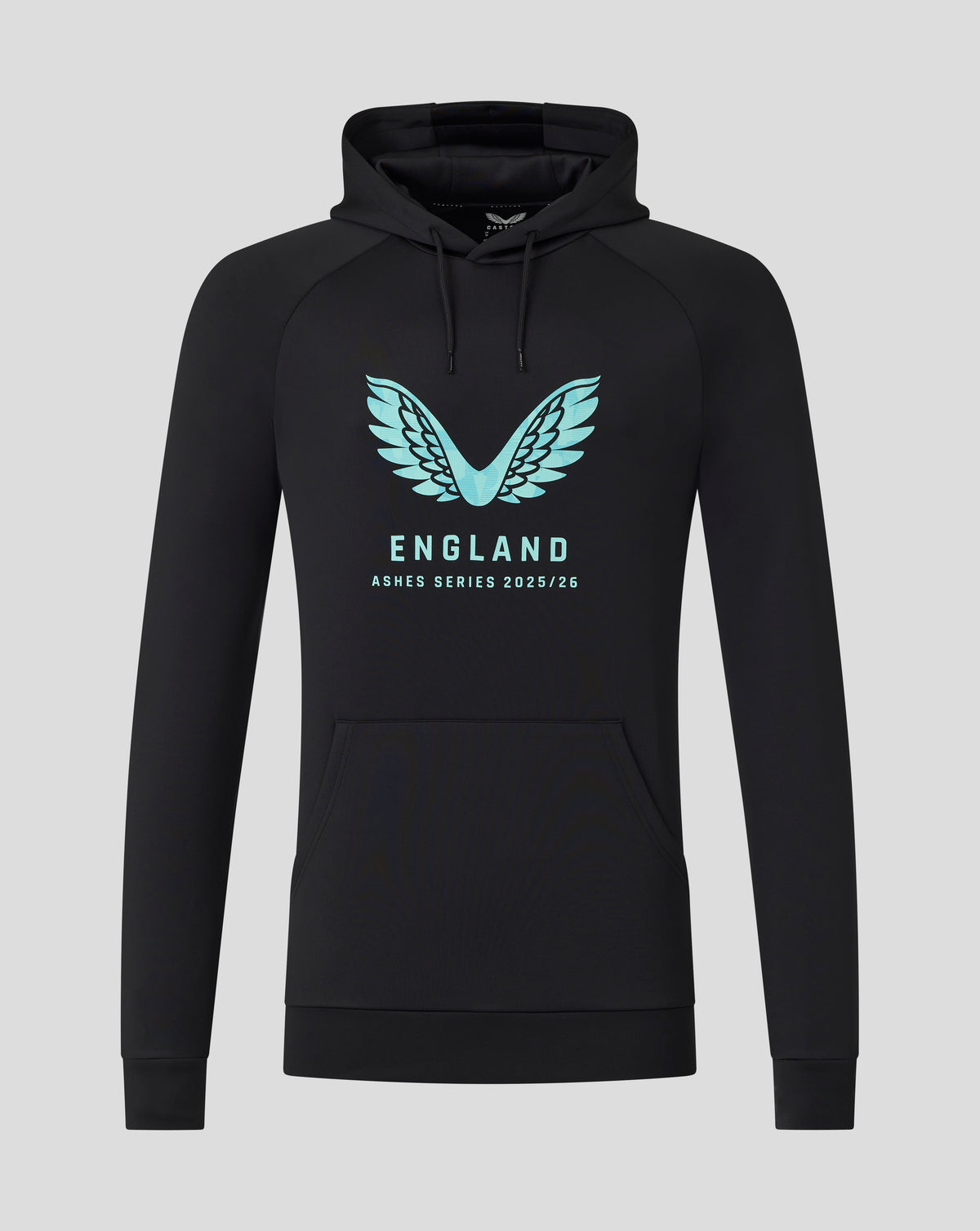 Black hoodie with turquoise wings logo and England Ashes Series 2025/26 text with a drawstring hood and front pocket
