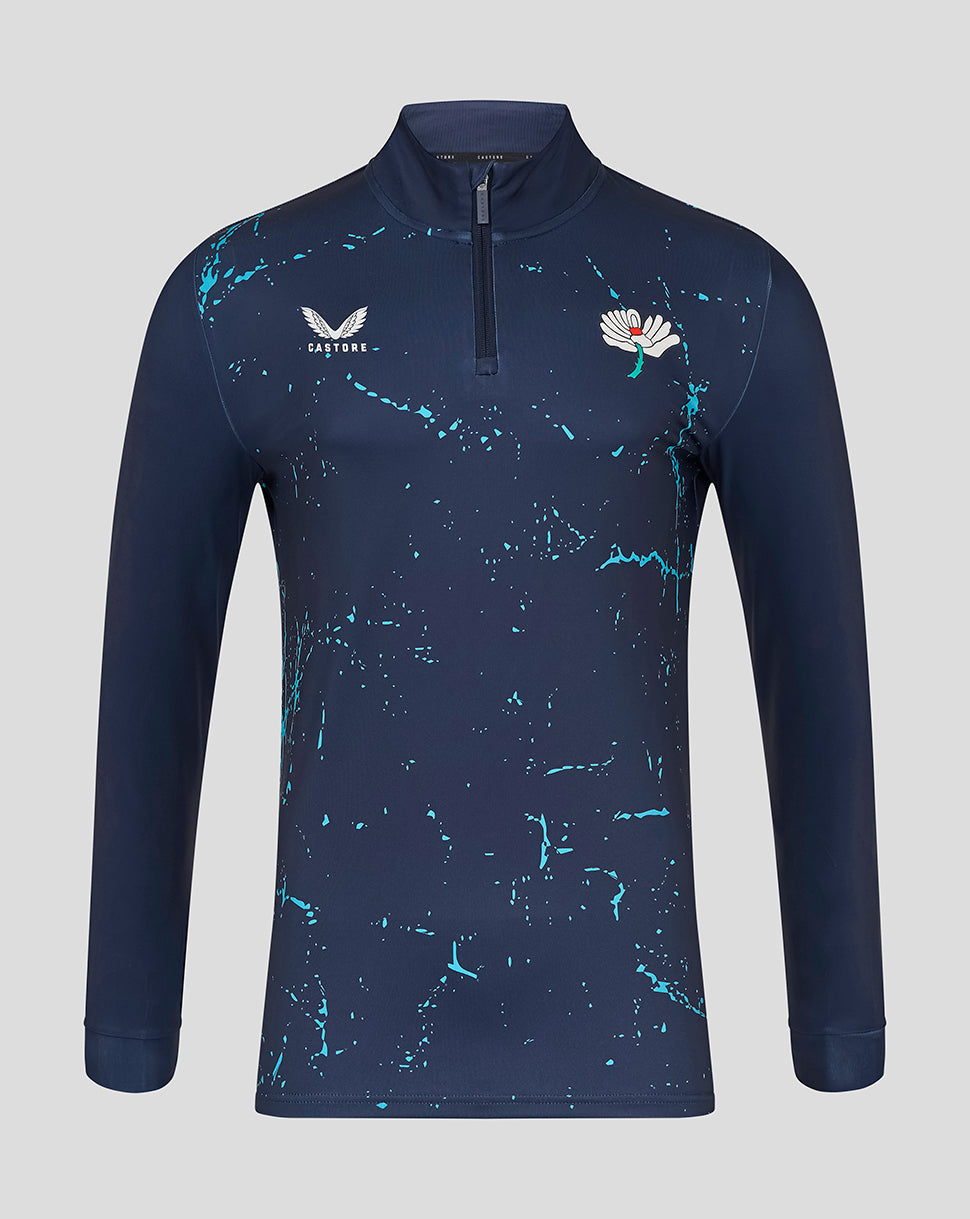 Navy long-sleeve shirt with blue abstract pattern on a gray background