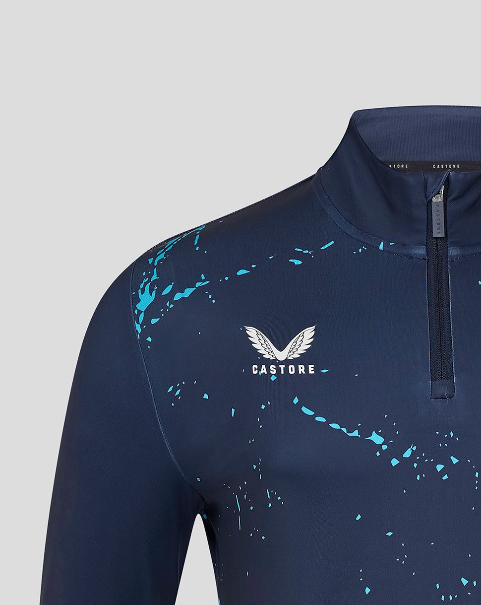 Navy blue athletic jacket with blue splatter pattern and 'CASTORE' logo on a light gray background