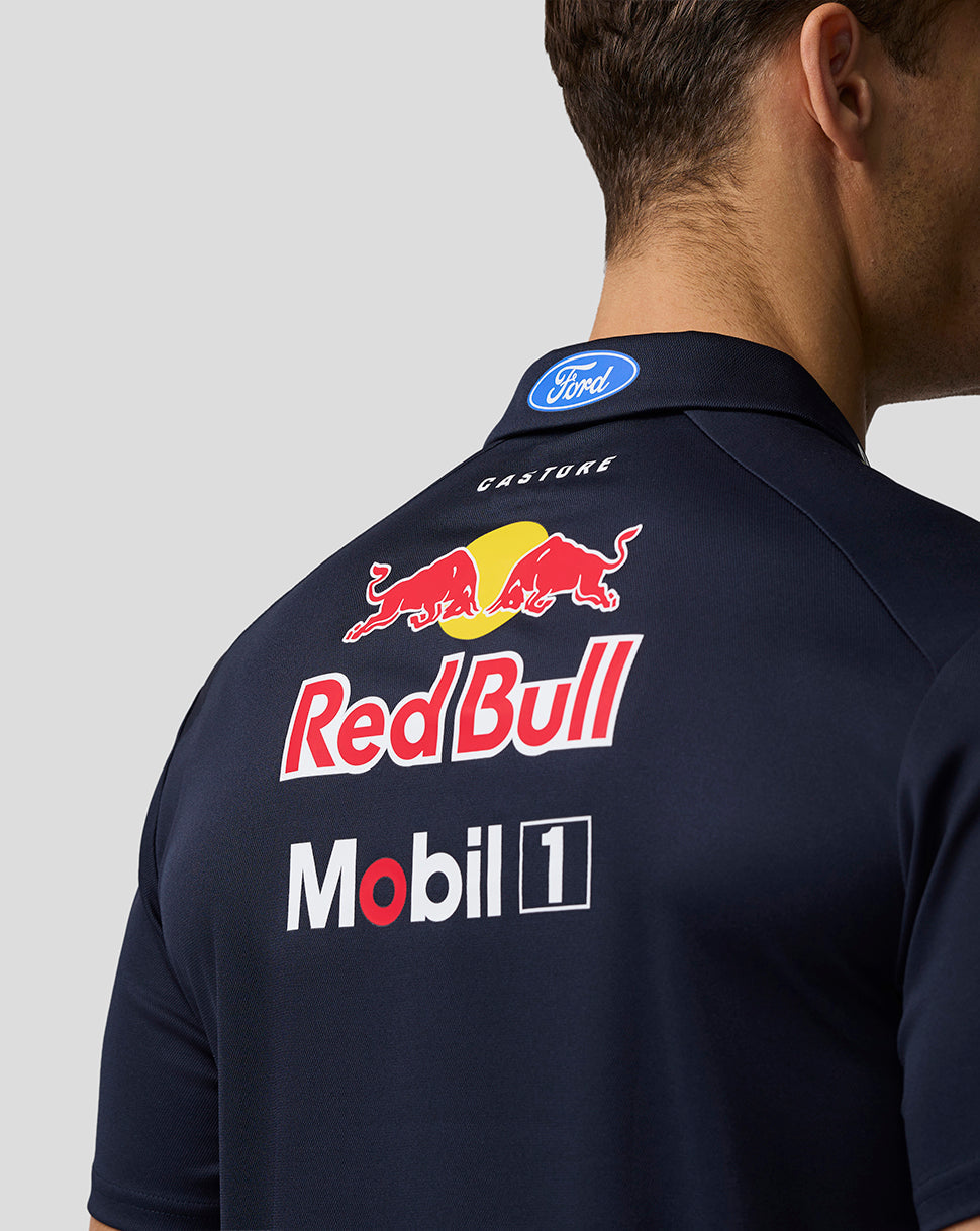 Navy shirt with Red Bull and Mobil 1 logos on the back, featuring Ford branding.