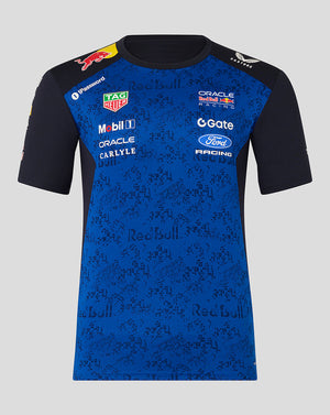 Blue and black sports jersey with various brand logos on a gray background