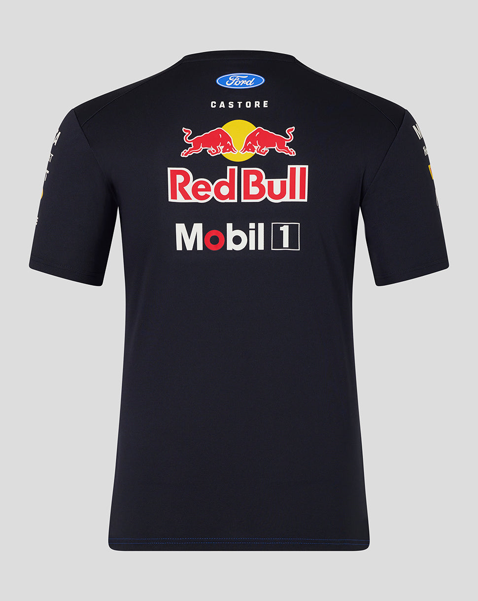 Black t-shirt with Red Bull and Mobil 1 logos on a gray background