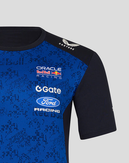 Blue and black sports jersey with various brand logos on a gray background