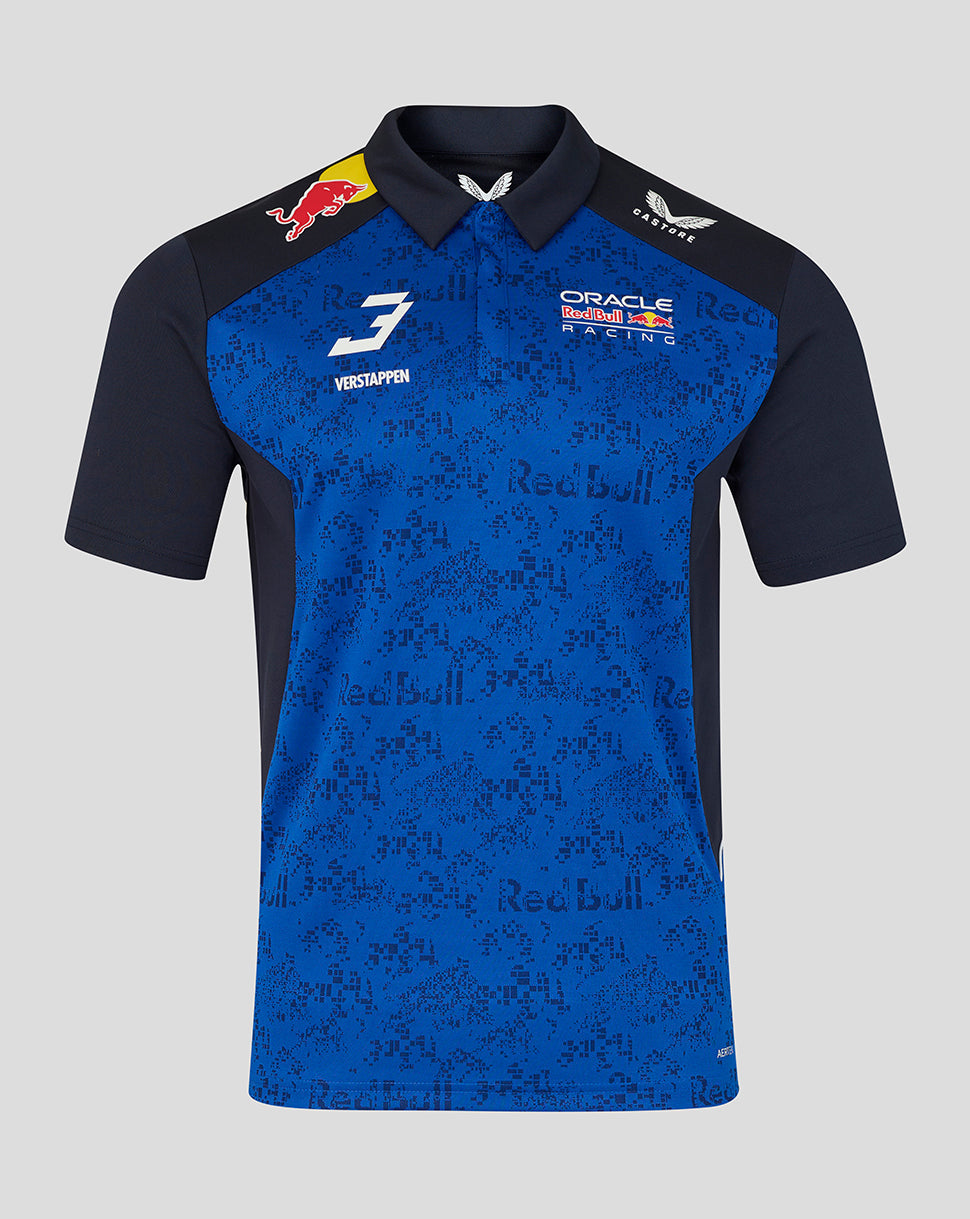 Blue and black sports jersey with branding on a gray background