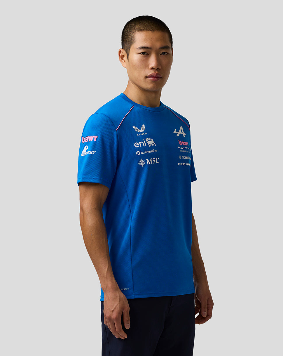 Person wearing a blue sports jersey with various logos on a white background