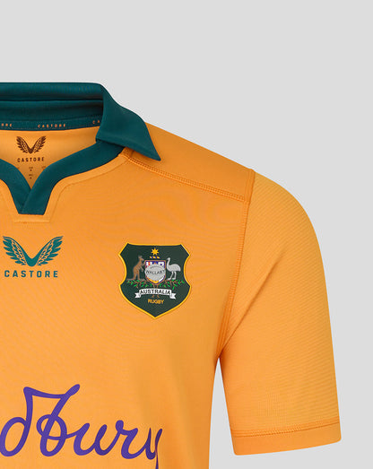 Orange rugby jersey with green collar and Australia Rugby emblem on a gray background