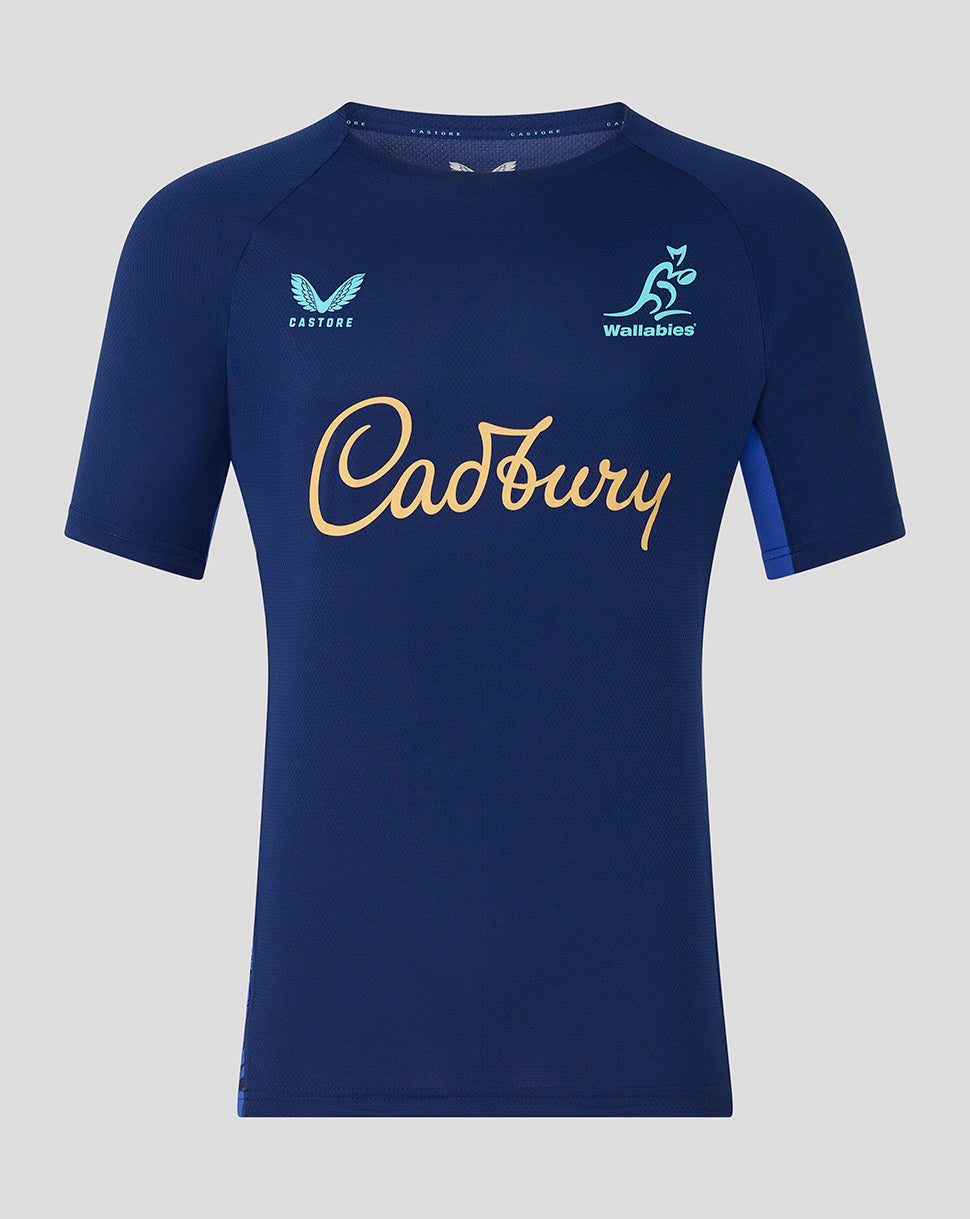 Navy blue sports jersey with Cadbury logo on a gray background