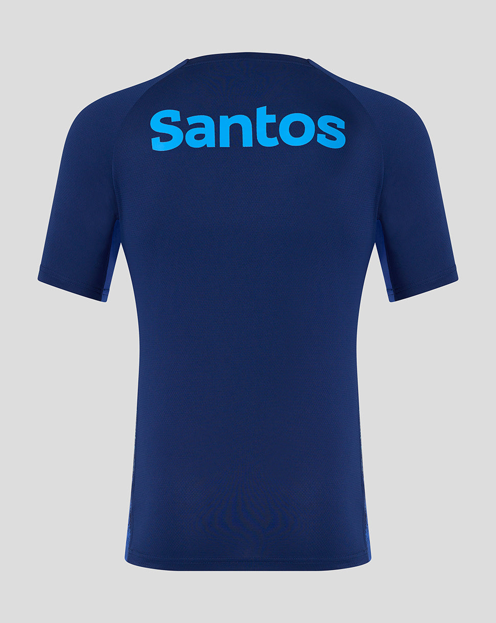 Navy blue t-shirt with 'Santos' branding on the back against a light gray background