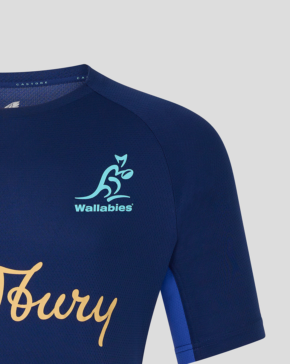 Navy blue sports jersey with Wallabies logo on a light gray background