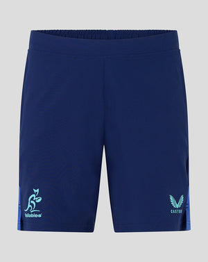 Navy blue shorts with logos on a light gray background