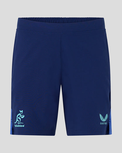 Navy blue shorts with logos on a light gray background
