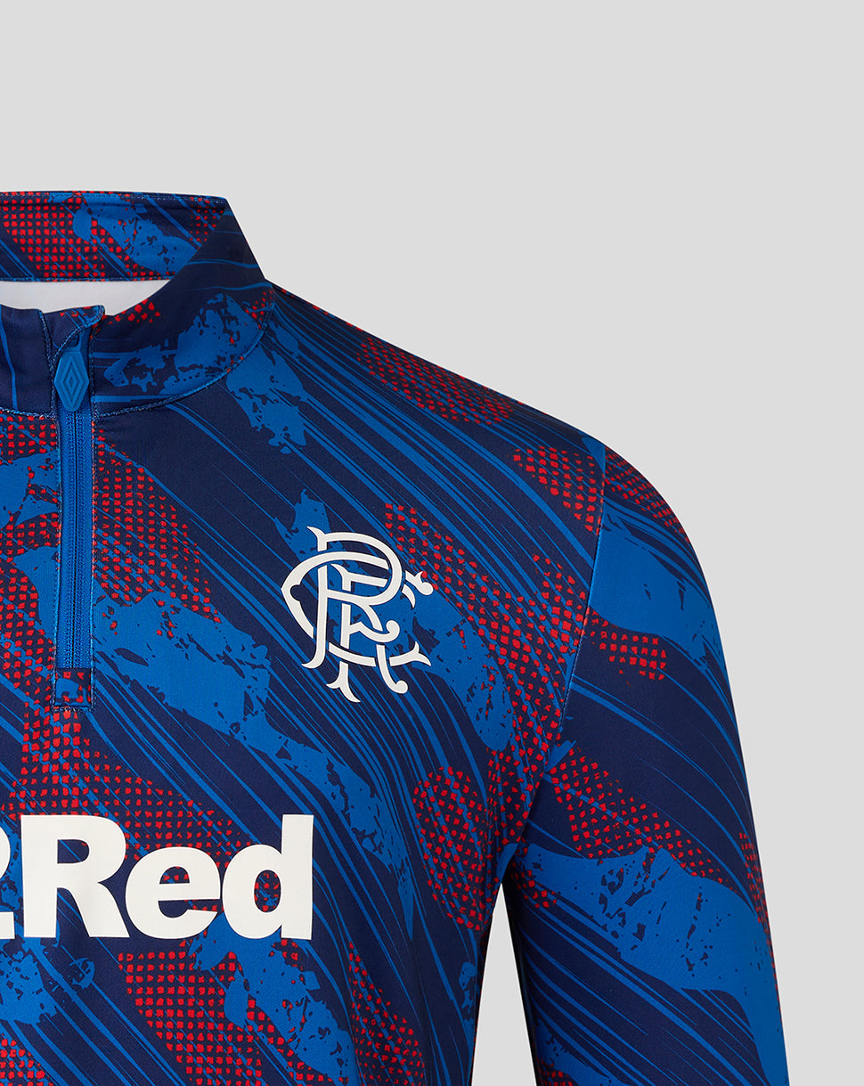 Blue and red sports jacket with a logo on a gray background
