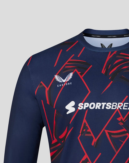 Navy sports jersey with red and white patterns on a gray background