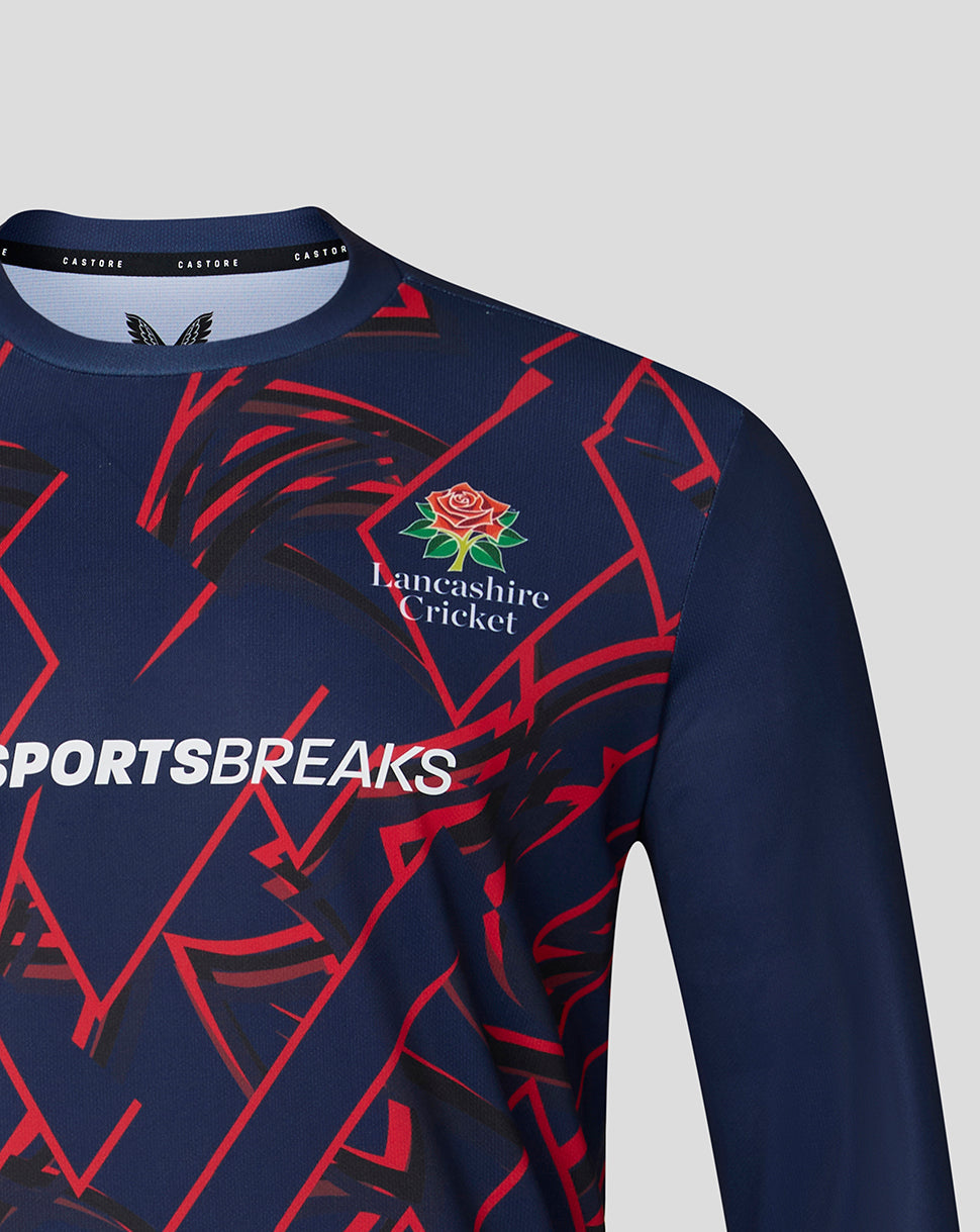 Navy blue sports jersey with red patterns and Lancashire Cricket logo on a light gray background