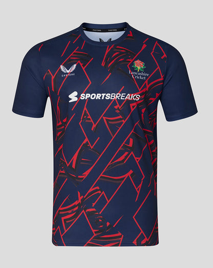 Navy sports jersey with red patterns and visible branding on a gray background