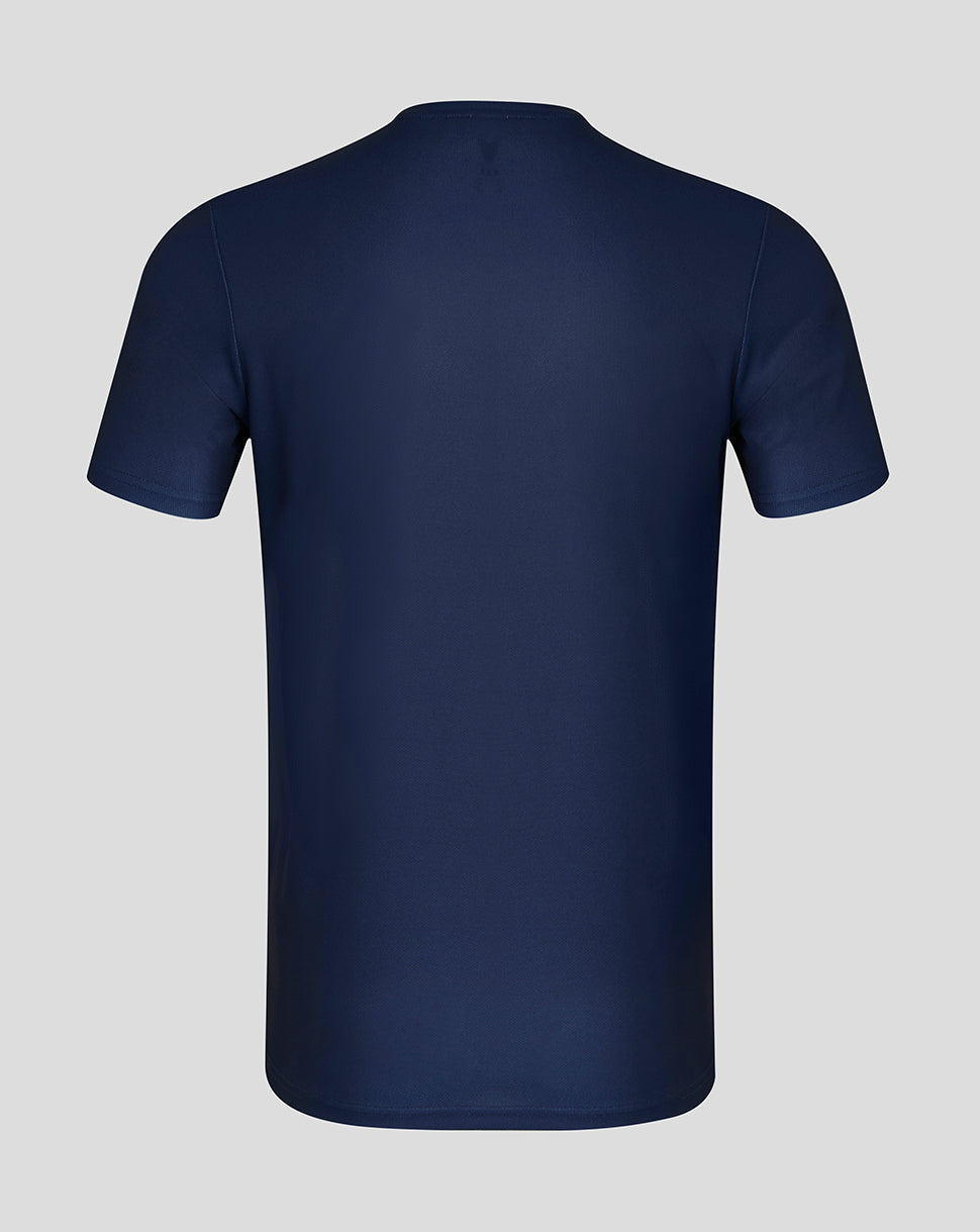 Navy blue t-shirt on a light gray background