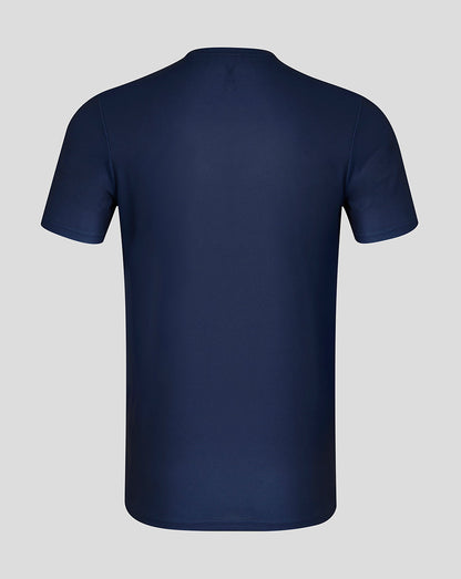 Navy blue t-shirt on a light gray background