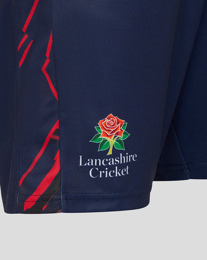 Navy blue sports shorts with red and black accents and a Lancashire Cricket logo.