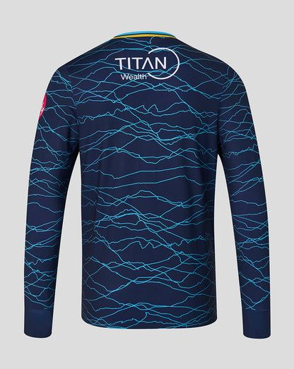 Navy blue sports jersey with blue wave pattern on a gray background