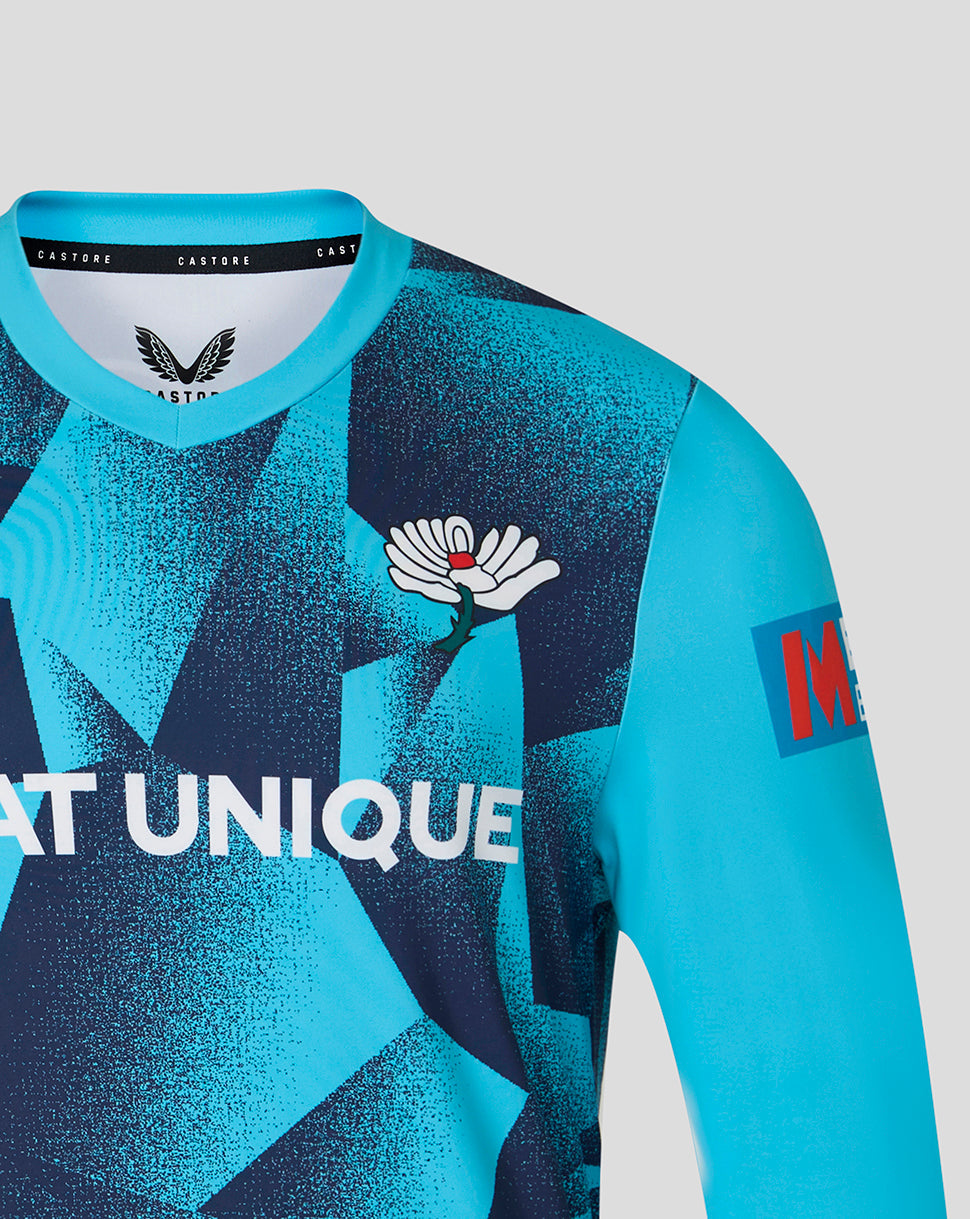 Blue and black sports jersey with branding on a gray background