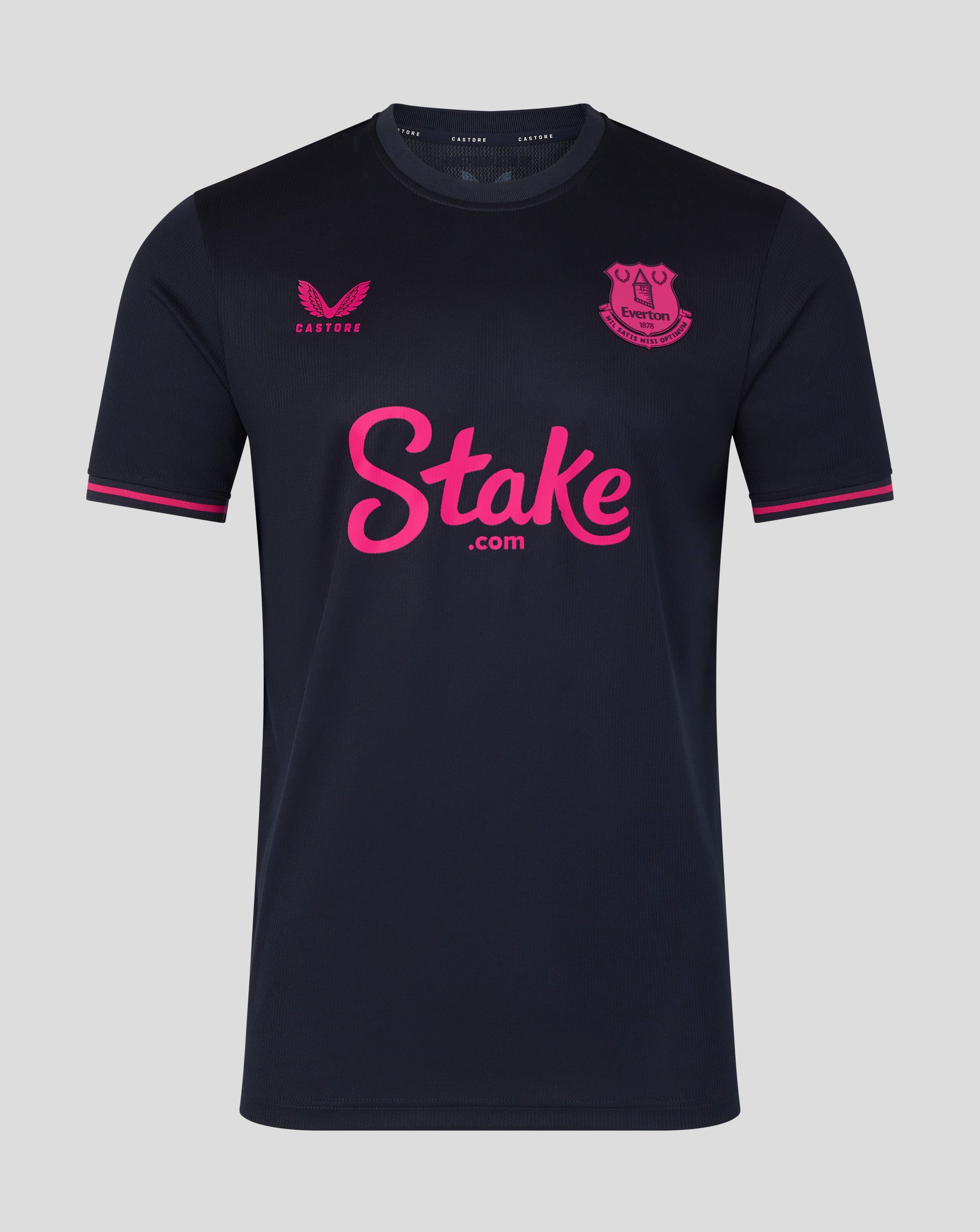Black sports jersey with pink branding on a gray background