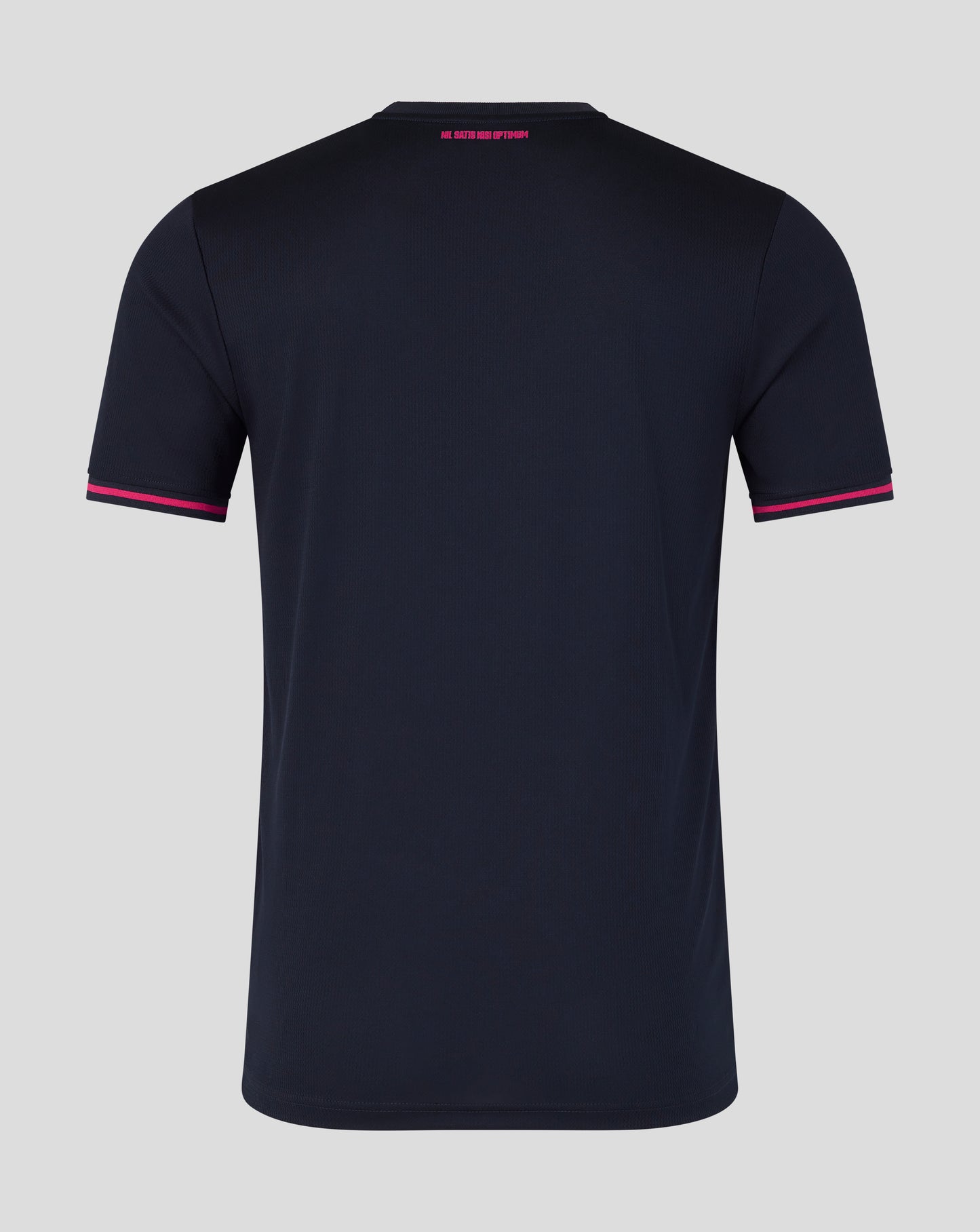 Black t-shirt with pink accents on a gray background