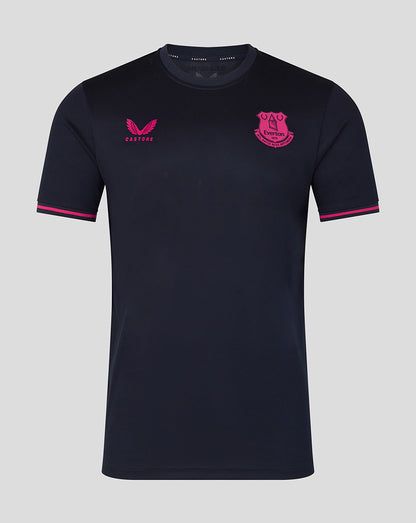 Black t-shirt with pink accents and logos on a gray background