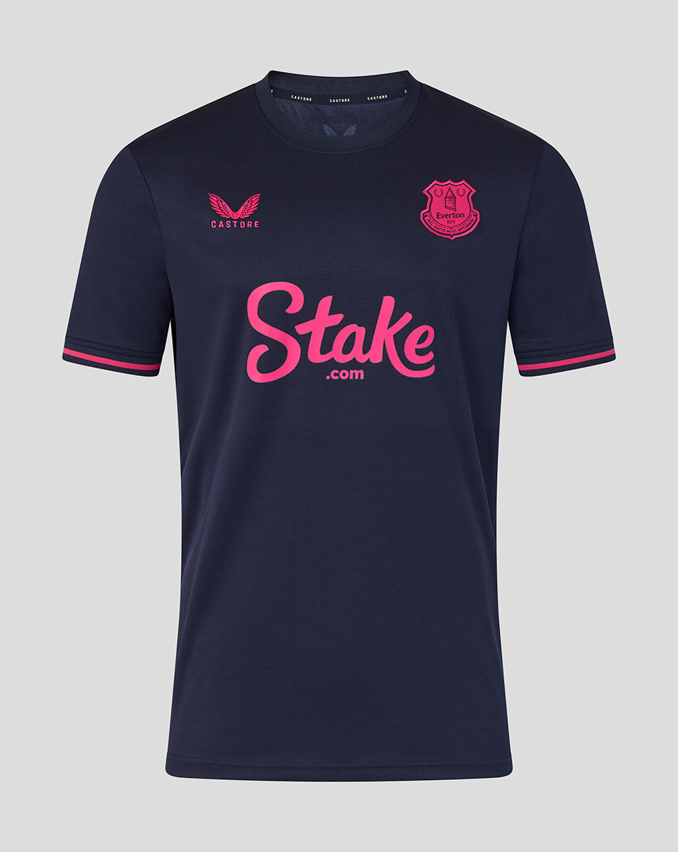 Navy blue sports jersey with pink branding on a light gray background