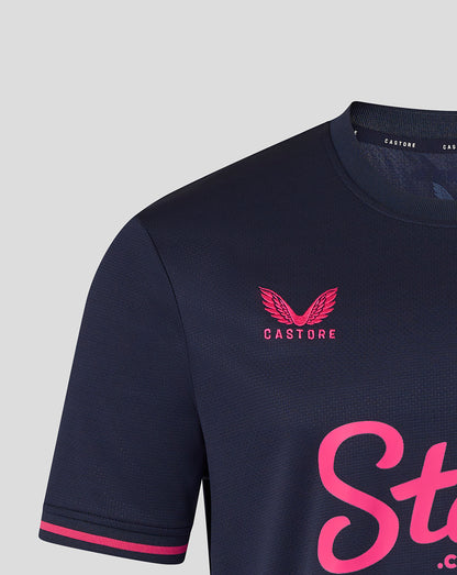 Navy blue sports jersey with pink 'Castore' logo on a light gray background
