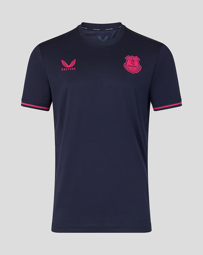 Navy blue t-shirt with pink accents and logos on a light gray background