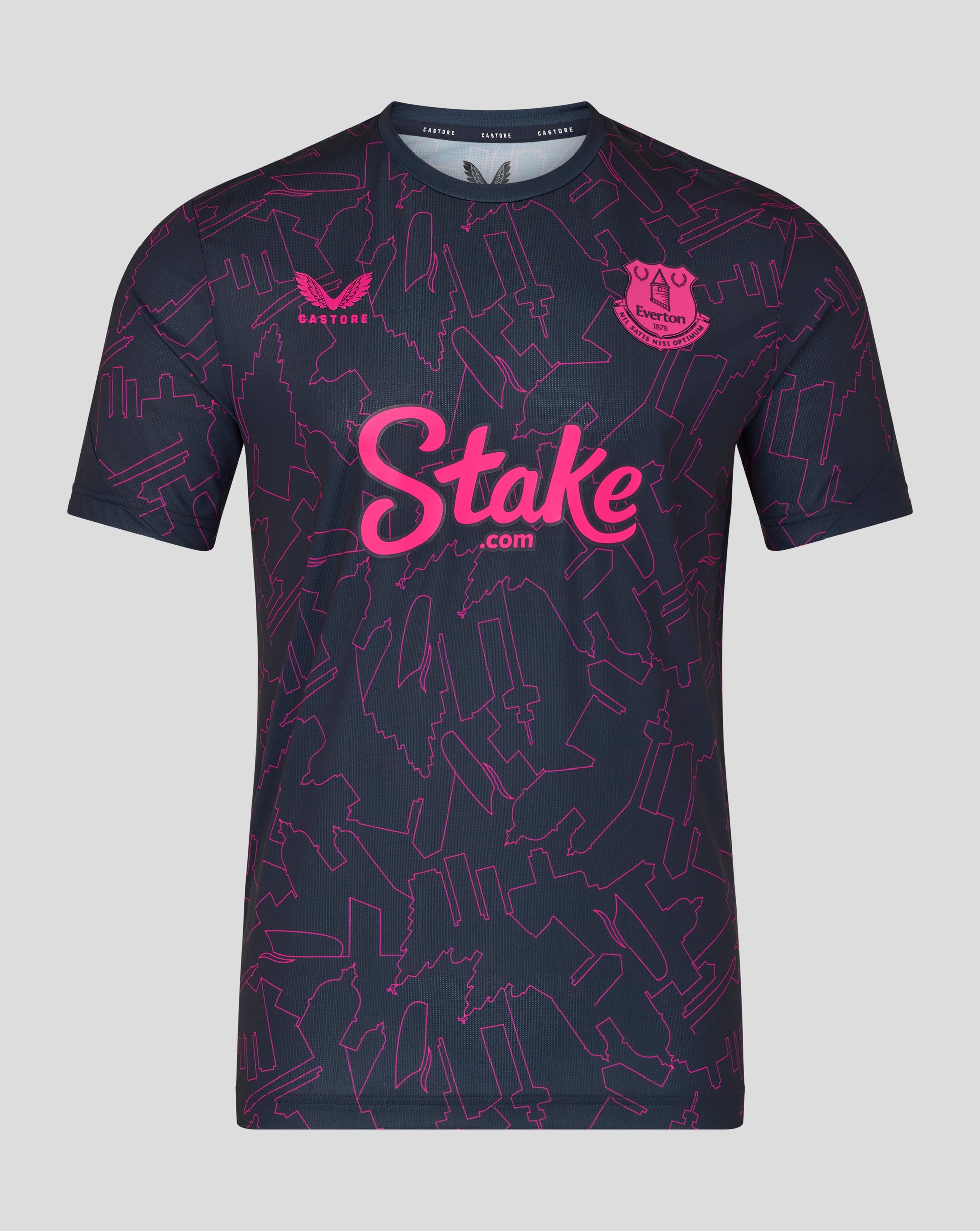Black sports jersey with pink branding on a gray background