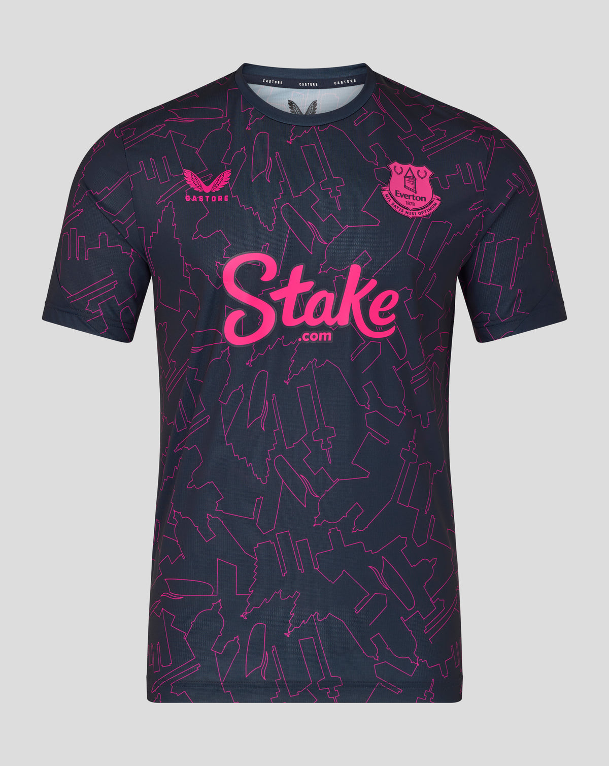 Black sports jersey with pink branding on a gray background