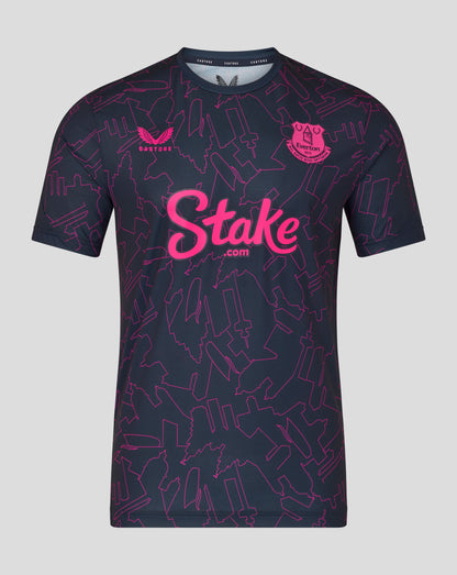 Black sports jersey with pink branding on a gray background