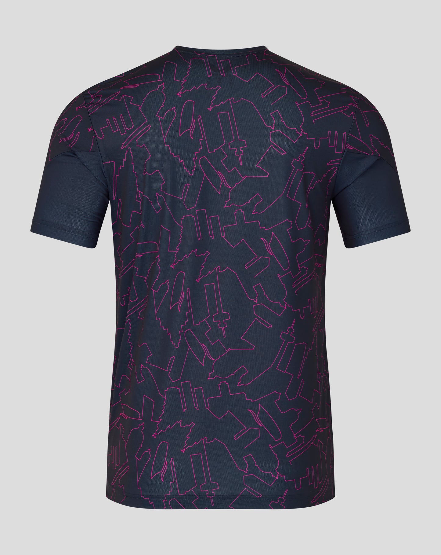 Black t-shirt with red geometric pattern on a gray background