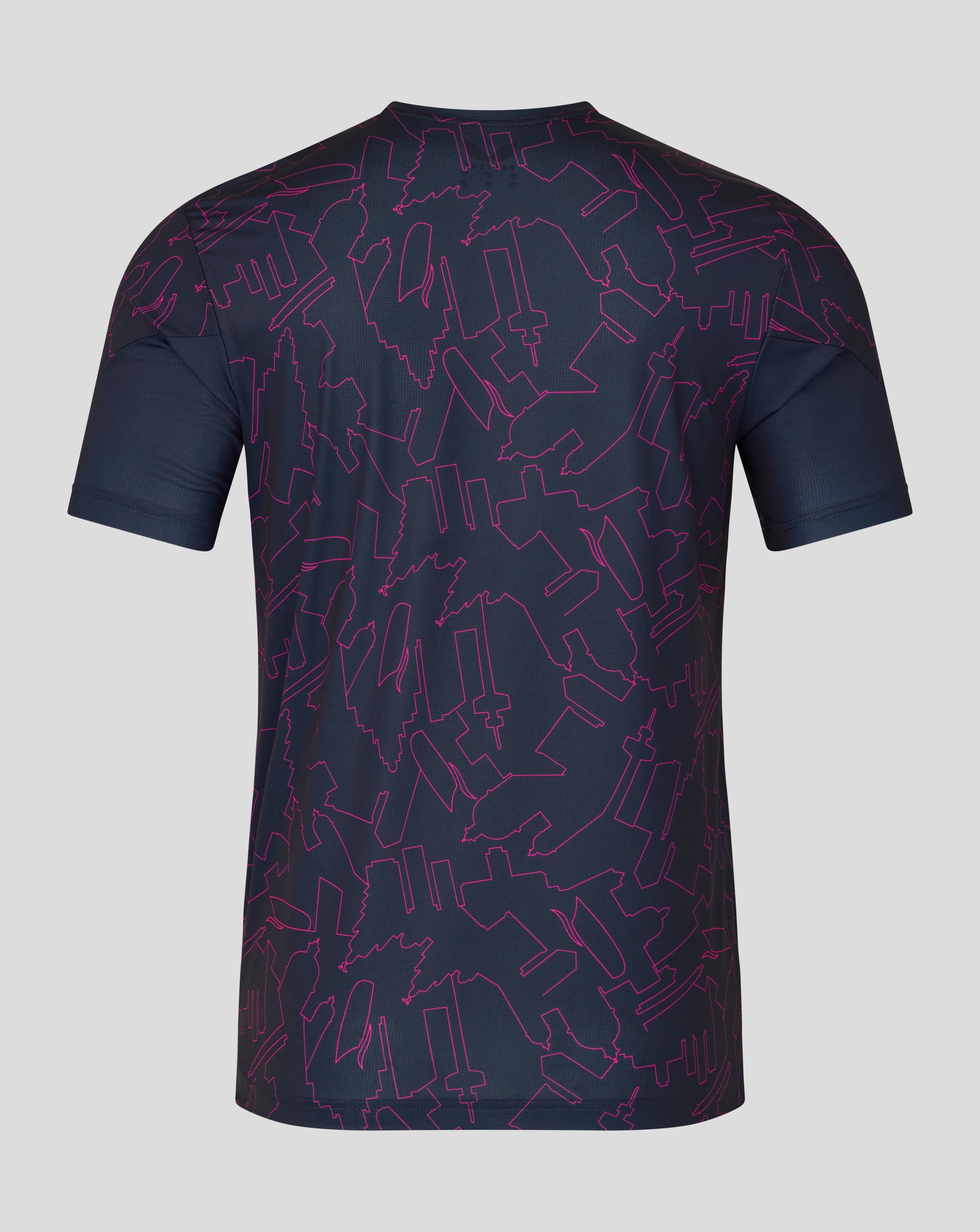 Black t-shirt with red geometric pattern on a gray background