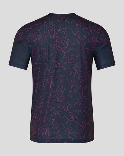 Black t-shirt with red geometric pattern on a gray background